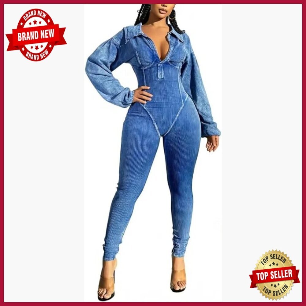 Distressed Long Sleeve Jumpsuit Ribbed Patchwork Bodycon Slim Fit Medium